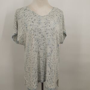 Chico's Blue & Cream Short Sleeve Sweater Top Size 1 Med Tie Back Coastal Granny